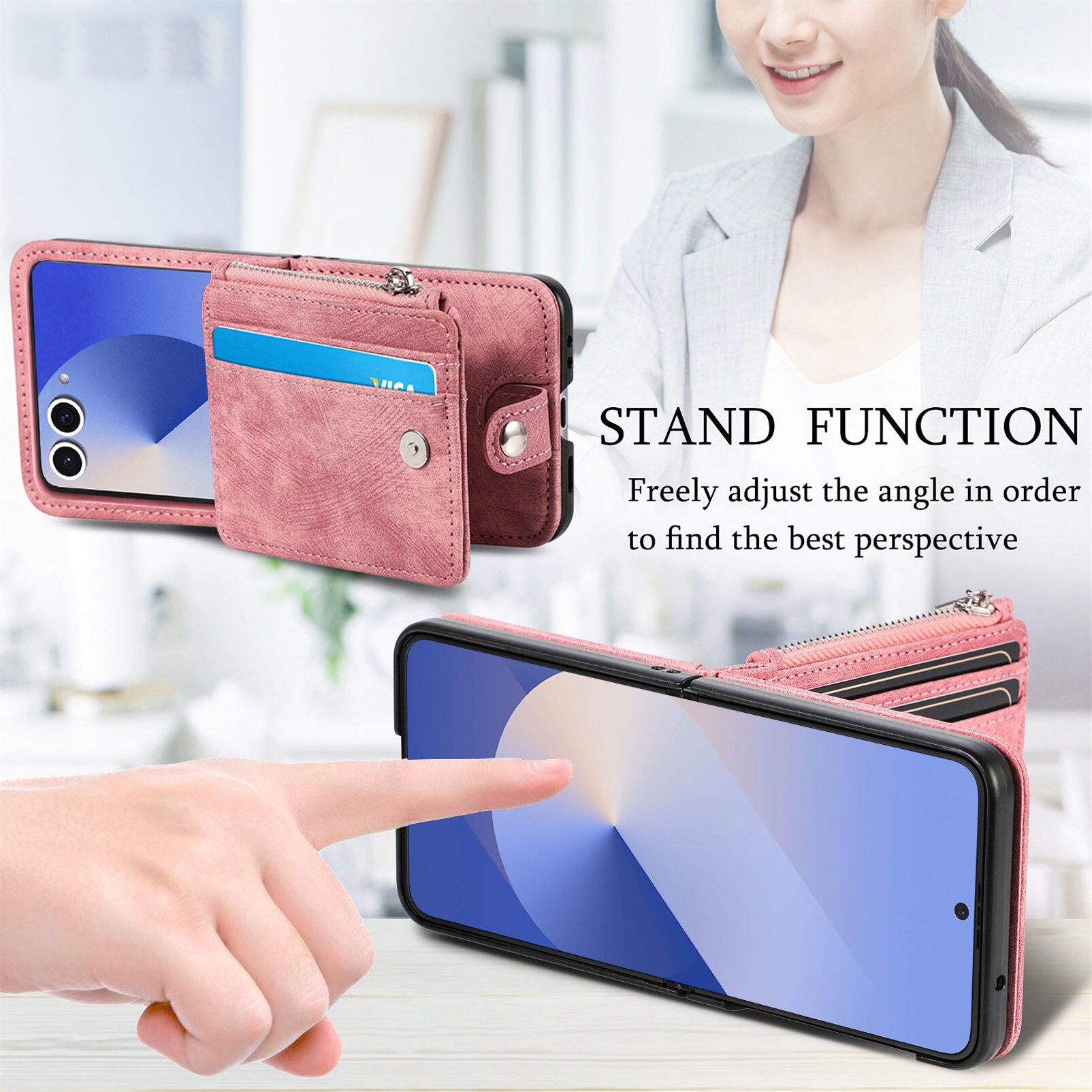 Samsung Galaxy Z Flip 7 Lommeboketui med kortlommer og glidelås Rosa