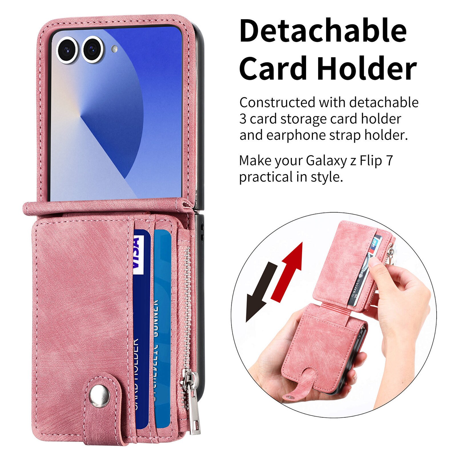 Samsung Galaxy Z Flip 7 Lommeboketui med kortlommer og glidelås Rosa