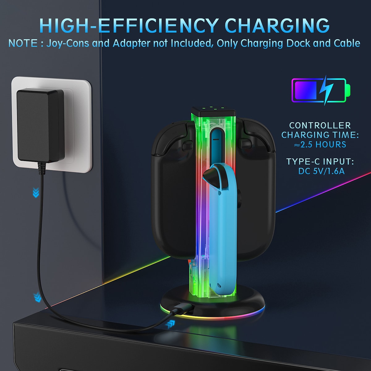 Nintendo Switch Joy-Con ladestasjon med RGB-belysning, Svart