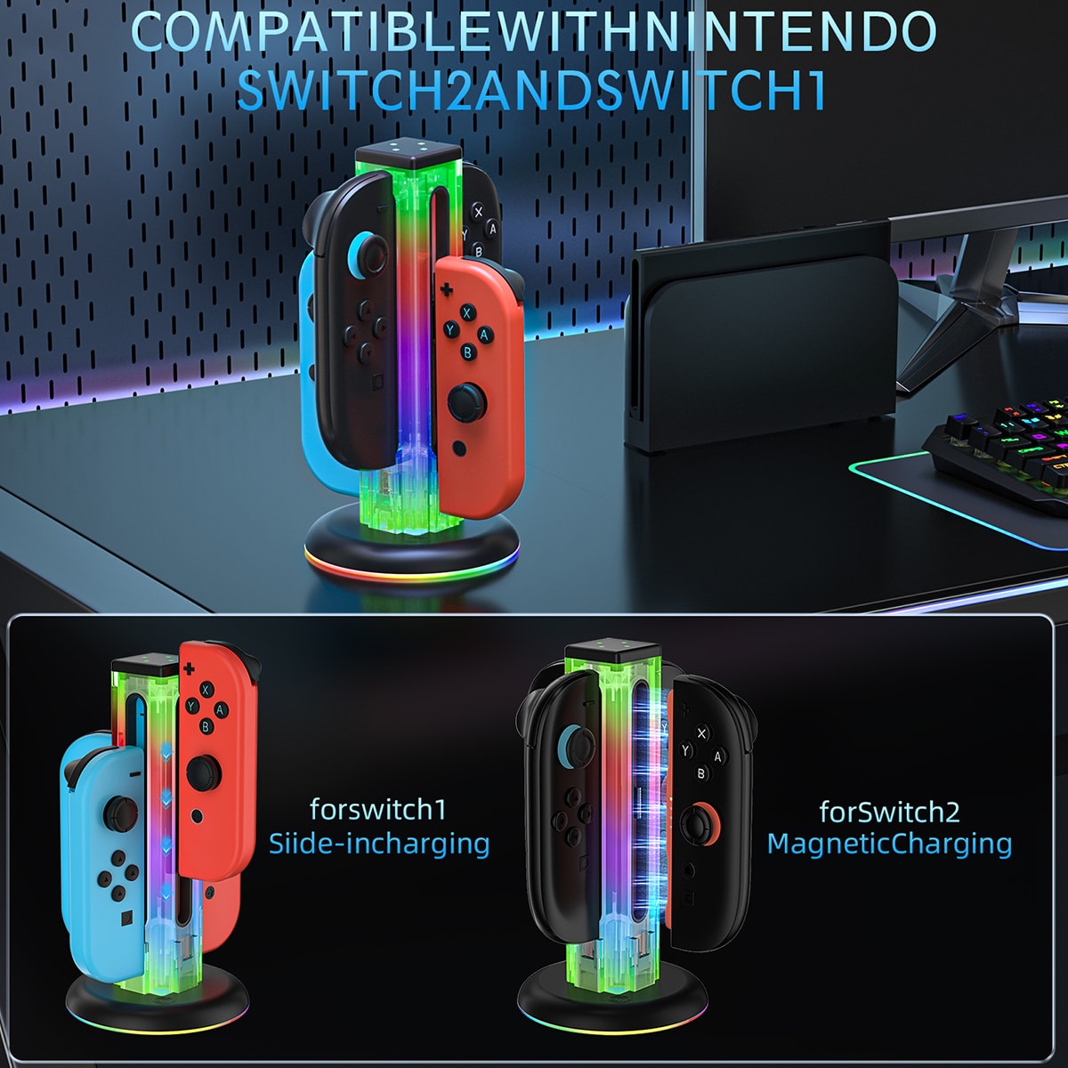 Nintendo Switch Joy-Con ladestasjon med RGB-belysning, Svart