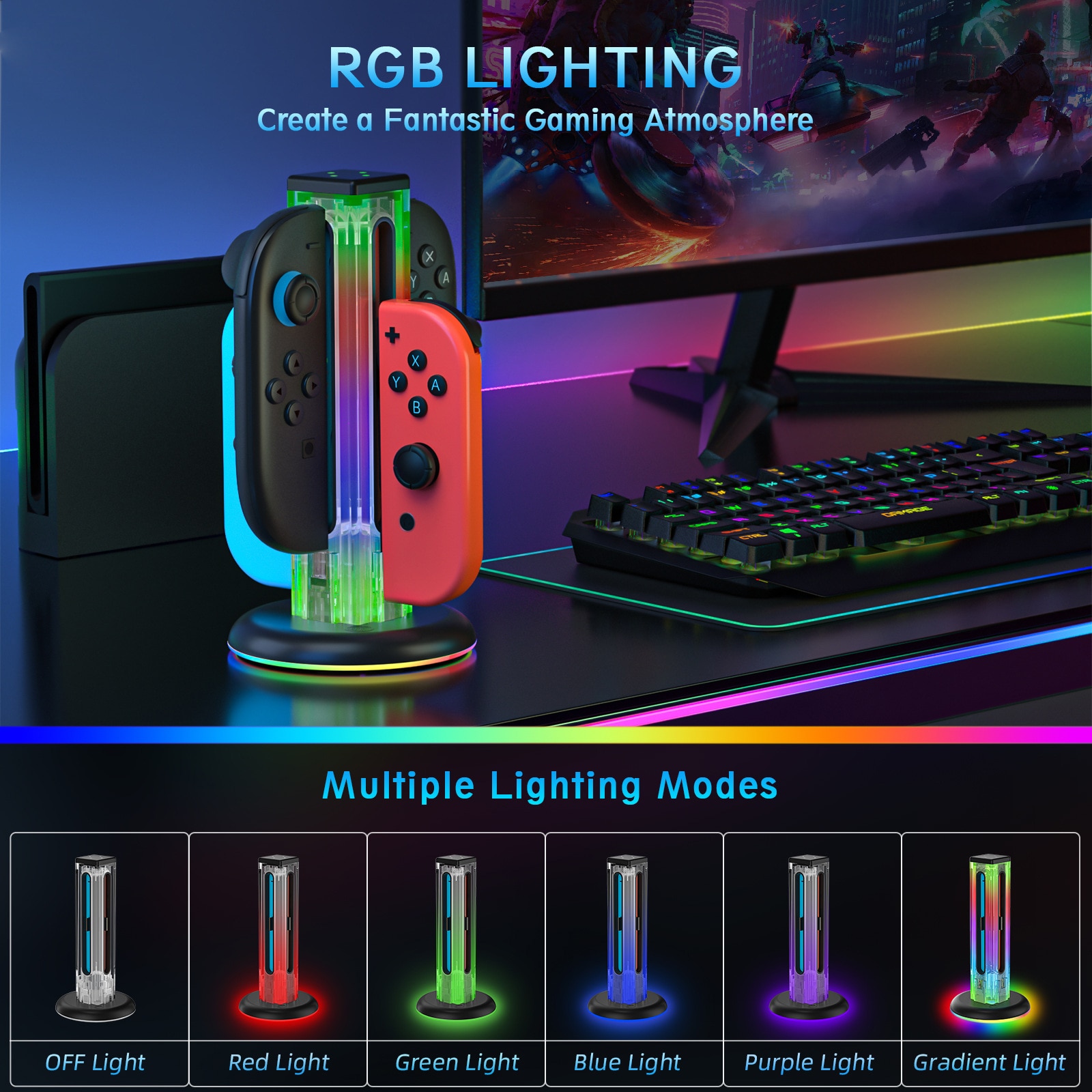Nintendo Switch Joy-Con ladestasjon med RGB-belysning, Svart