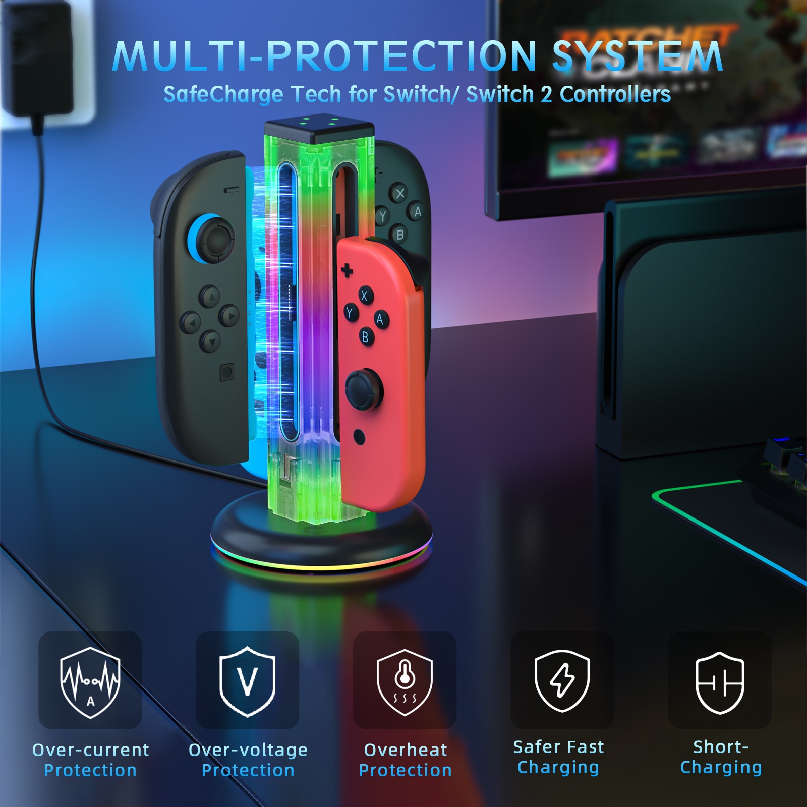 Nintendo Switch Joy-Con ladestasjon med RGB-belysning, Svart