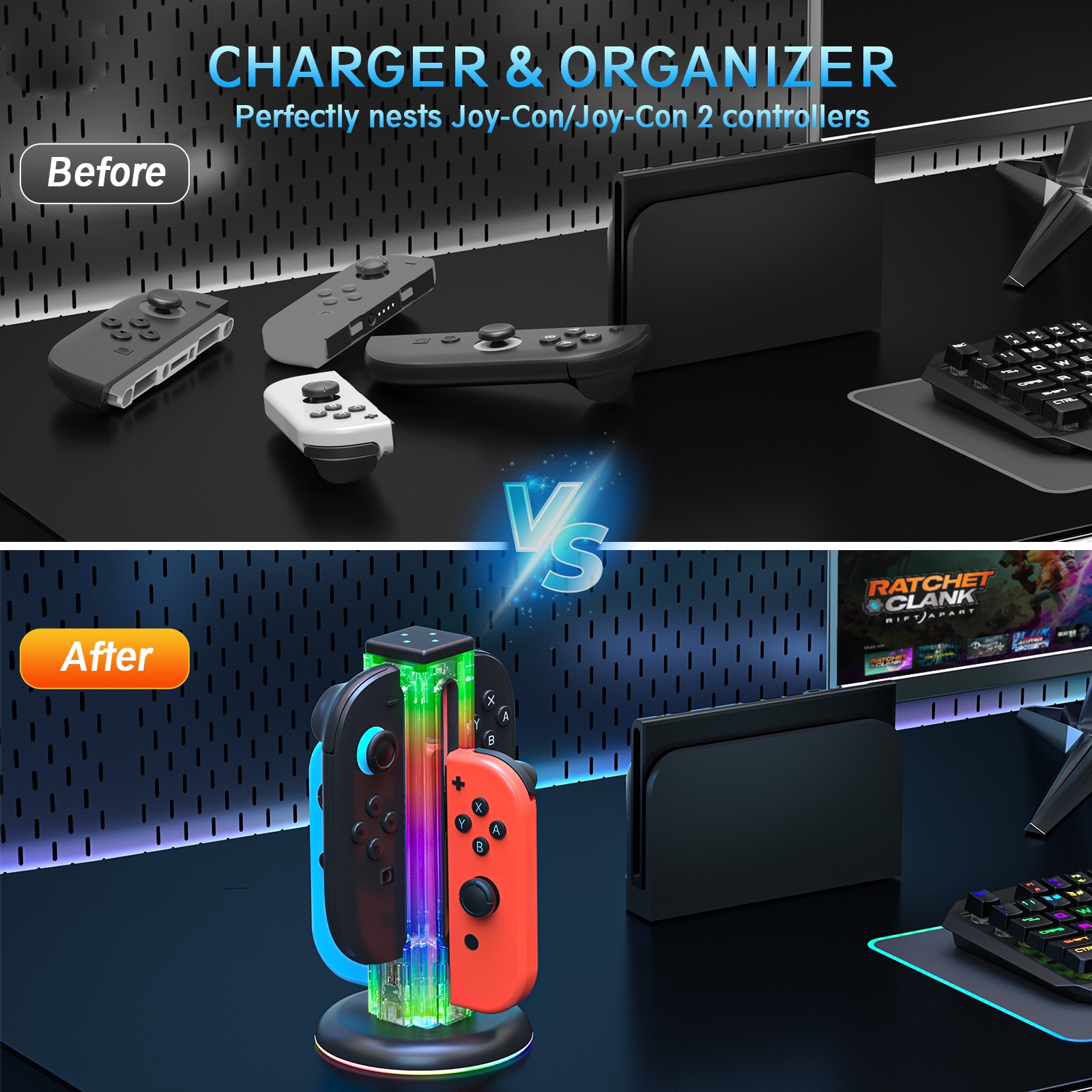 Nintendo Switch Joy-Con ladestasjon med RGB-belysning, Svart