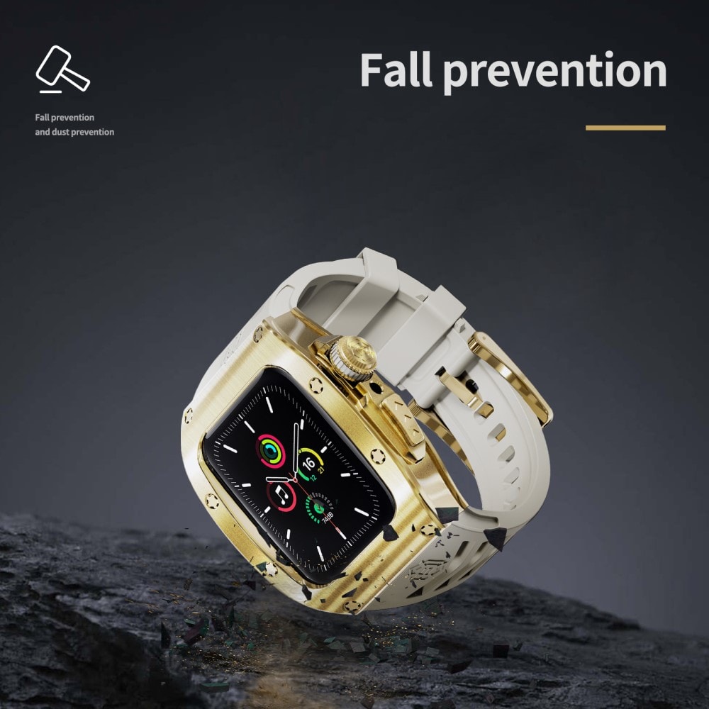 Apple Watch Series 4-6 44mm High Brushed Metal Deksel+Reim, Gold/White