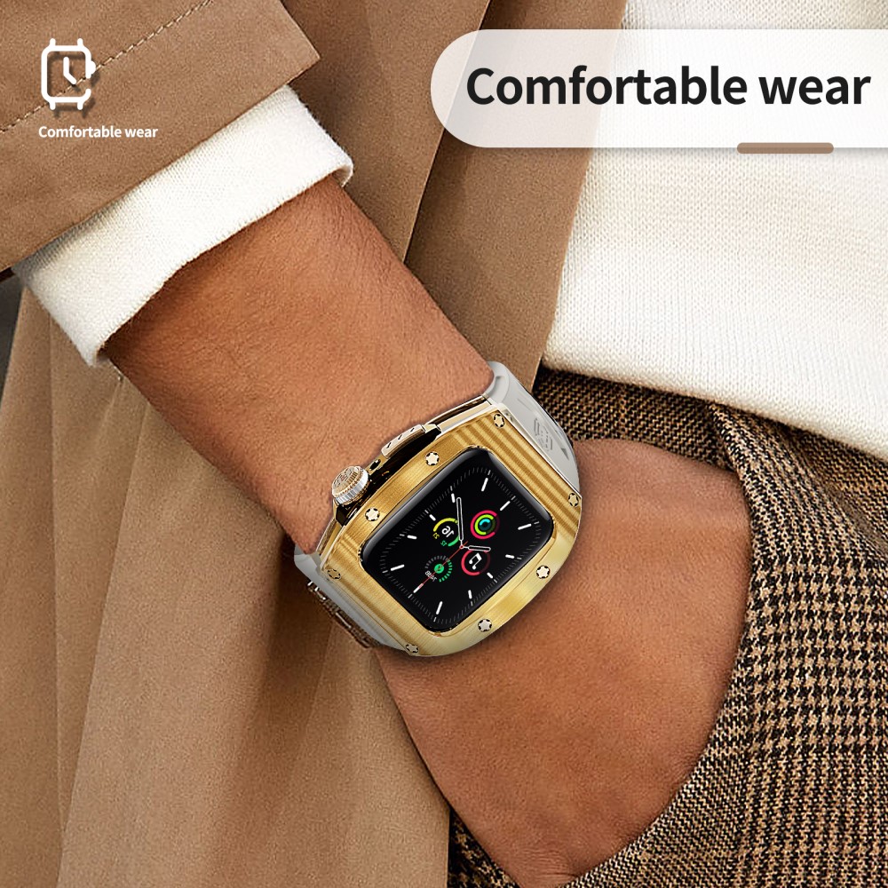 Apple Watch Series 4-6 44mm High Brushed Metal Deksel+Reim, Gold/White