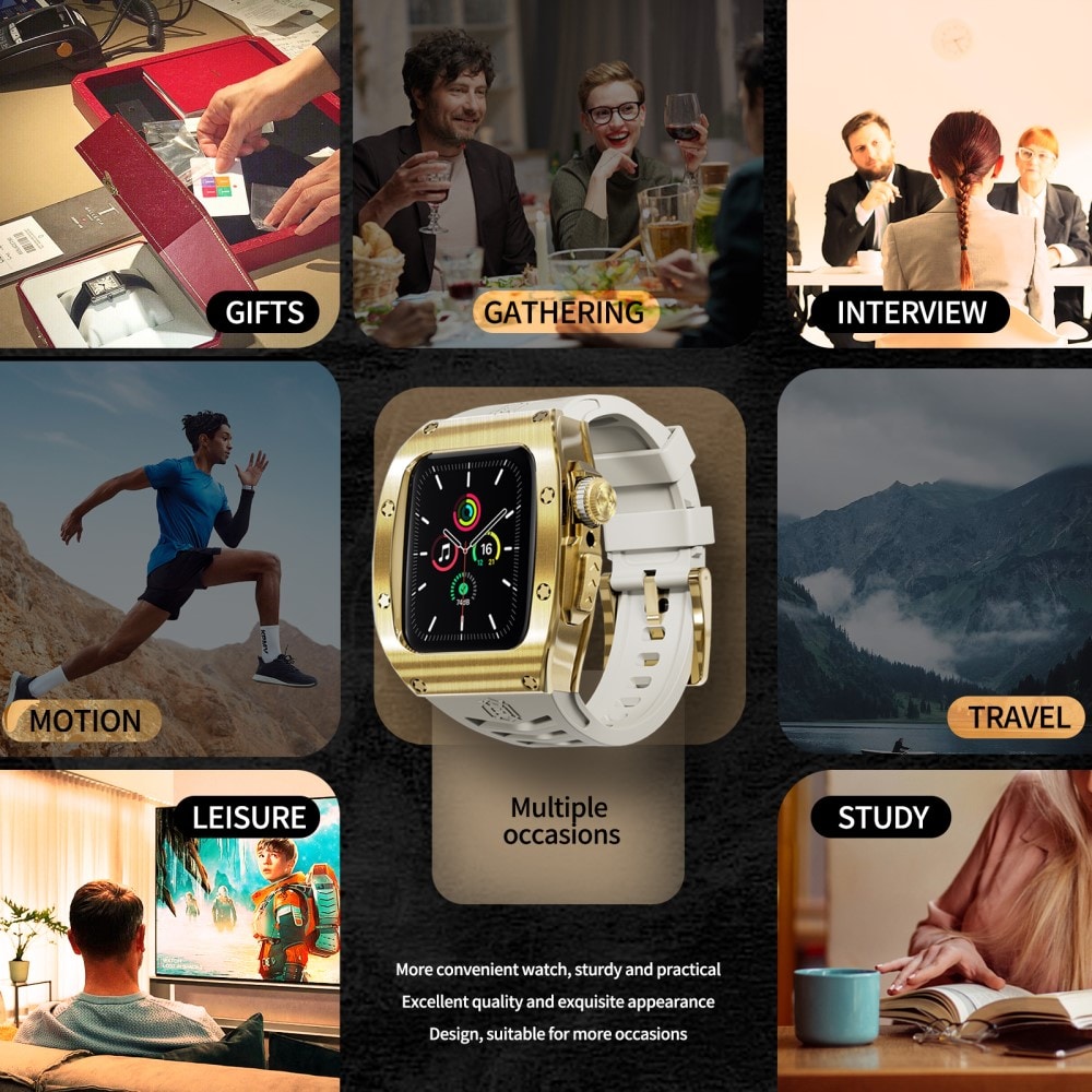 Apple Watch Series 4-6 44mm High Brushed Metal Deksel+Reim, Gold/White