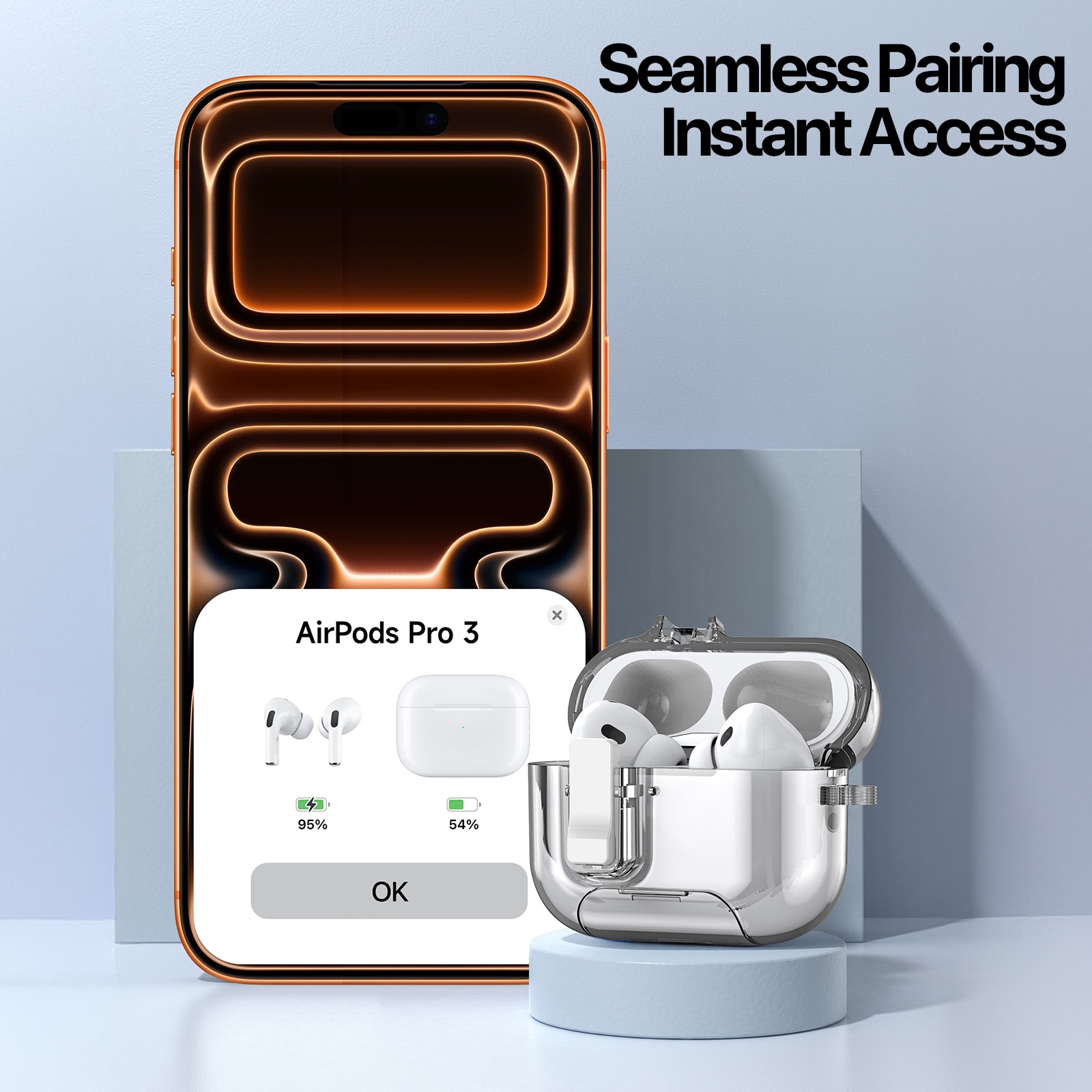 Apple AirPods Pro 3 Deksel med karabinkrok og stativfunksjon, Gjennomsiktig