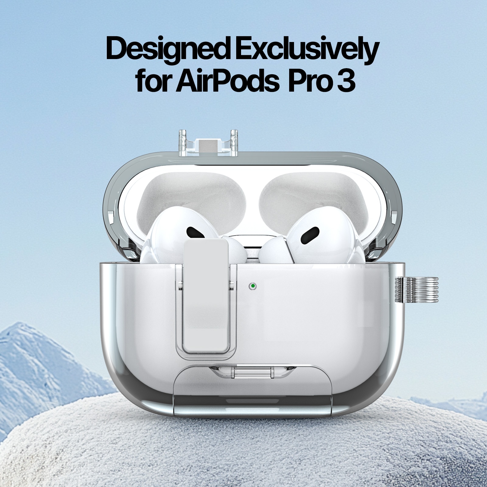 Apple AirPods Pro 3 Deksel med karabinkrok og stativfunksjon, Gjennomsiktig