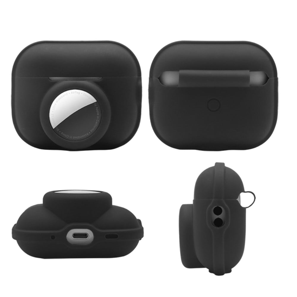 Apple AirTag/AirPods Pro 2 Silikondeksel med AirTag-holder + karabinkrok, Svart
