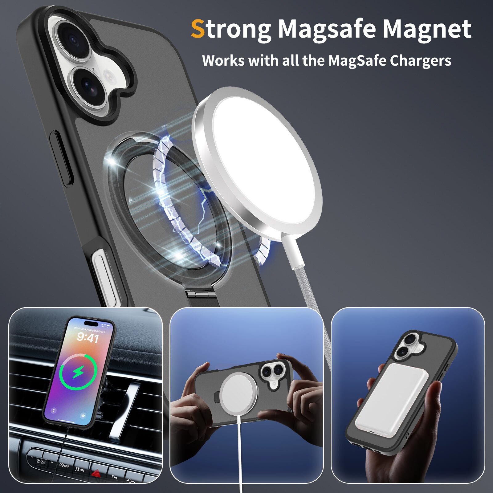 iPhone 17 Magnetic hybriddeksel med stativfunksjon, Svart