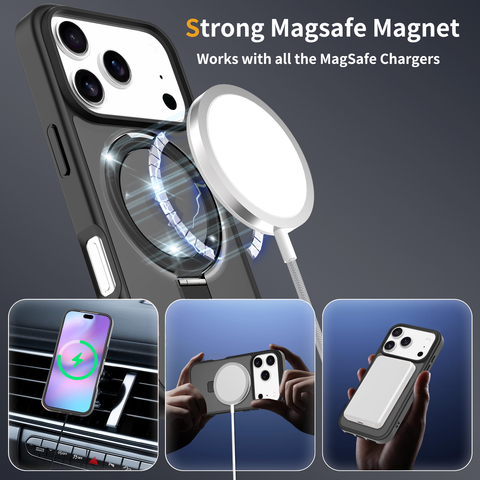 iPhone 17 Pro Max Magnetic hybriddeksel med stativfunksjon, Svart