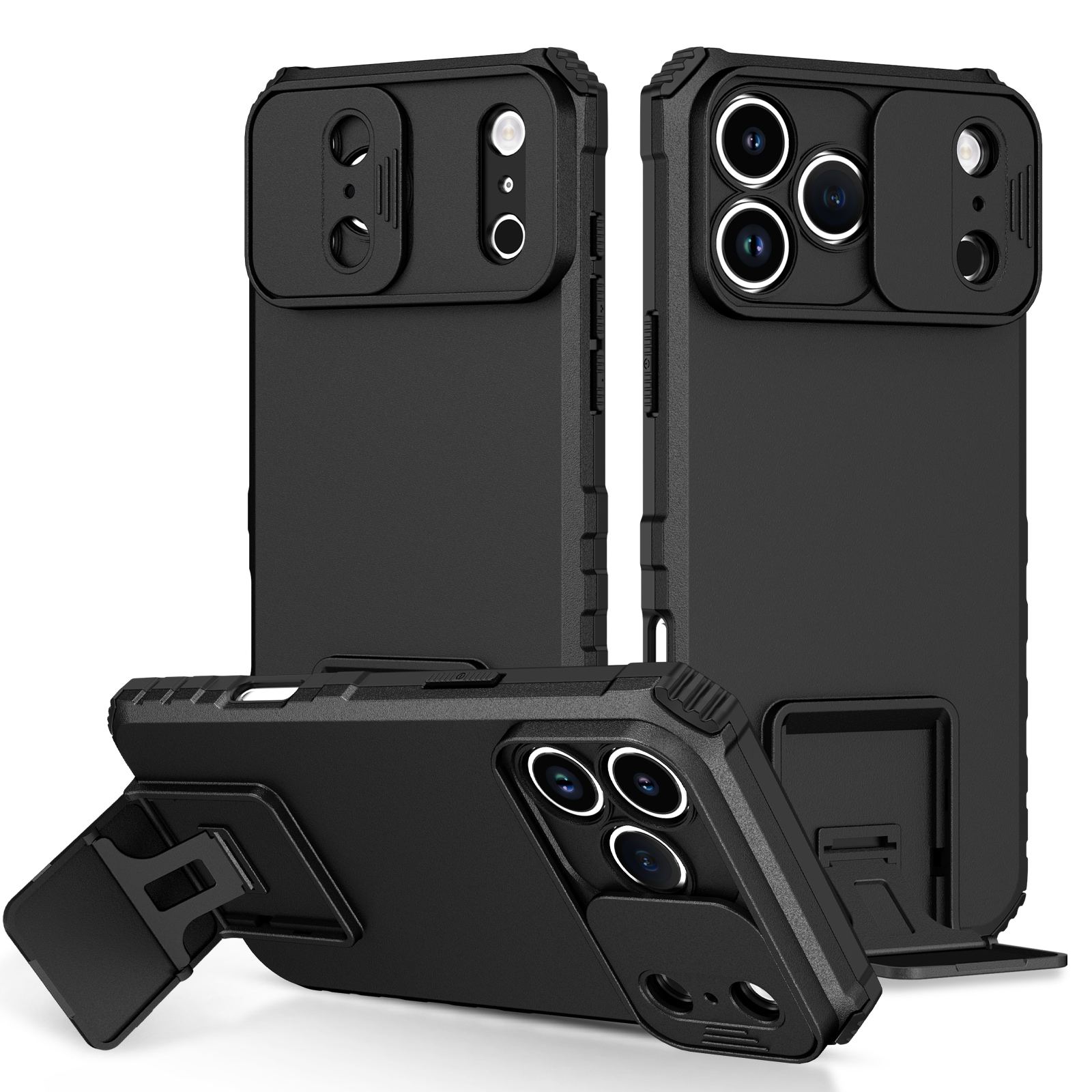 iPhone 17 Pro Max Deksel med kickstand & kameralinsebeskyttelse, Svart