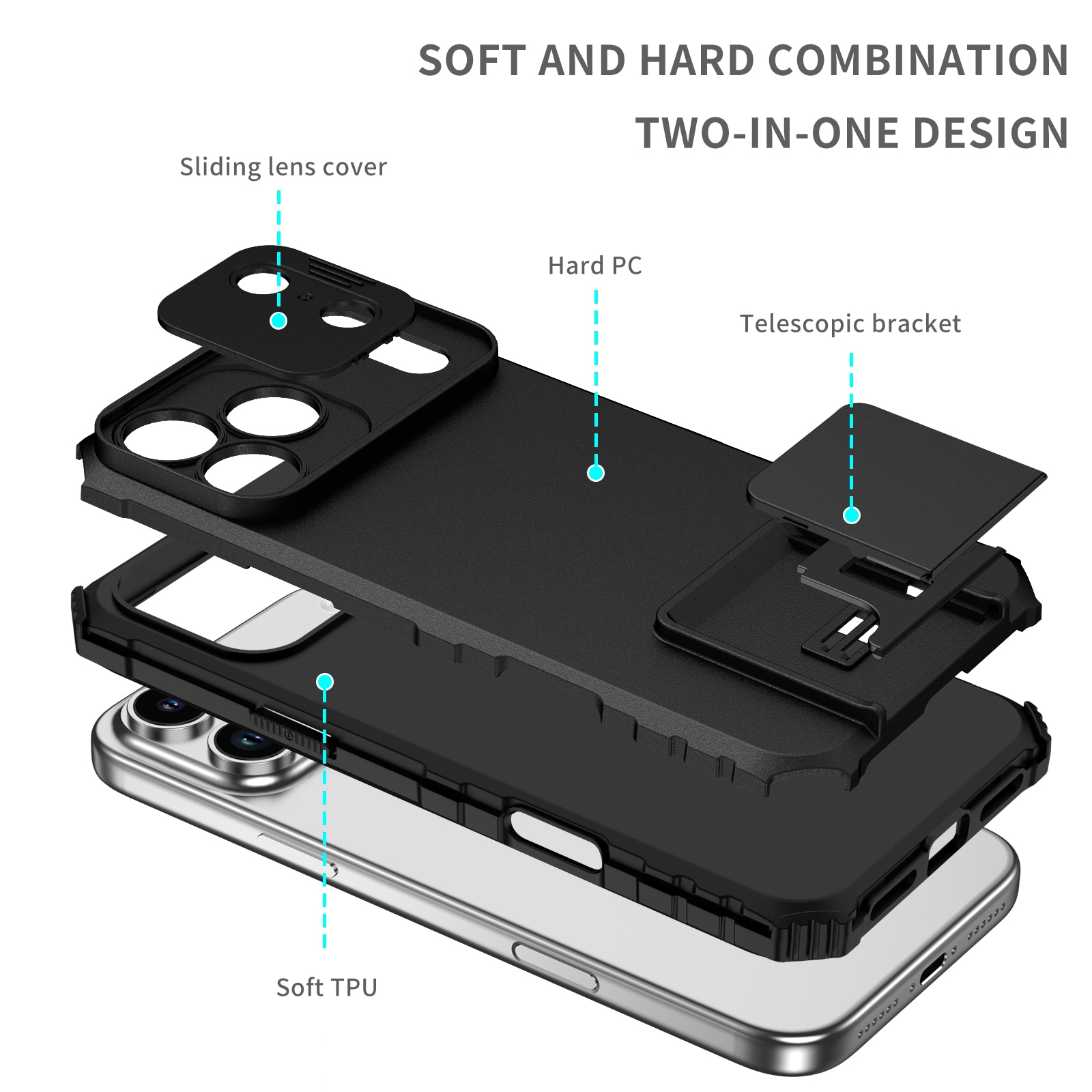 iPhone 17 Pro Max Deksel med kickstand & kameralinsebeskyttelse, Svart