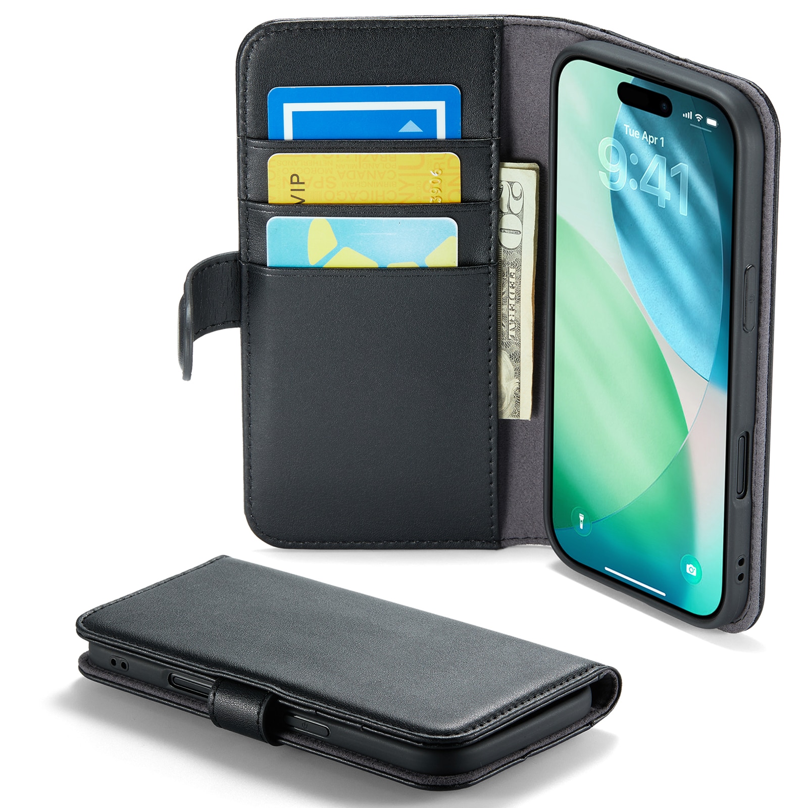 iPhone 17 Air Lommeboketui i ekte skinn, Svart