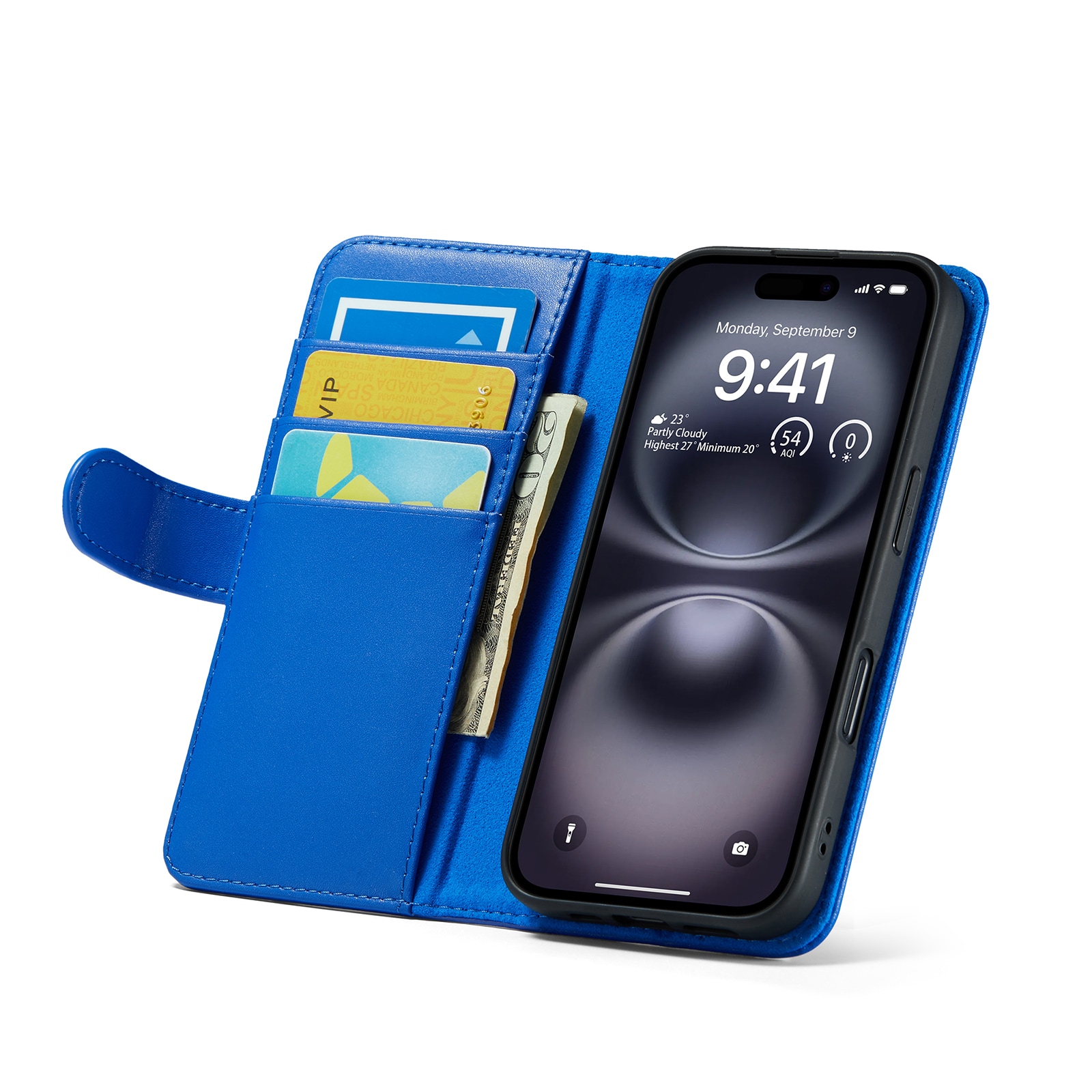 iPhone 16 Lommeboketui i ekte skinn, Blå