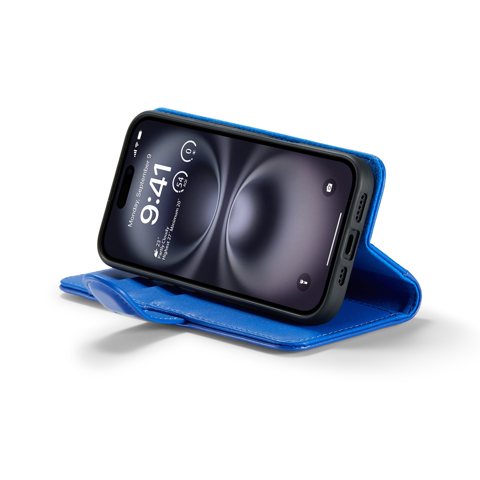 iPhone 16 Lommeboketui i ekte skinn, Blå