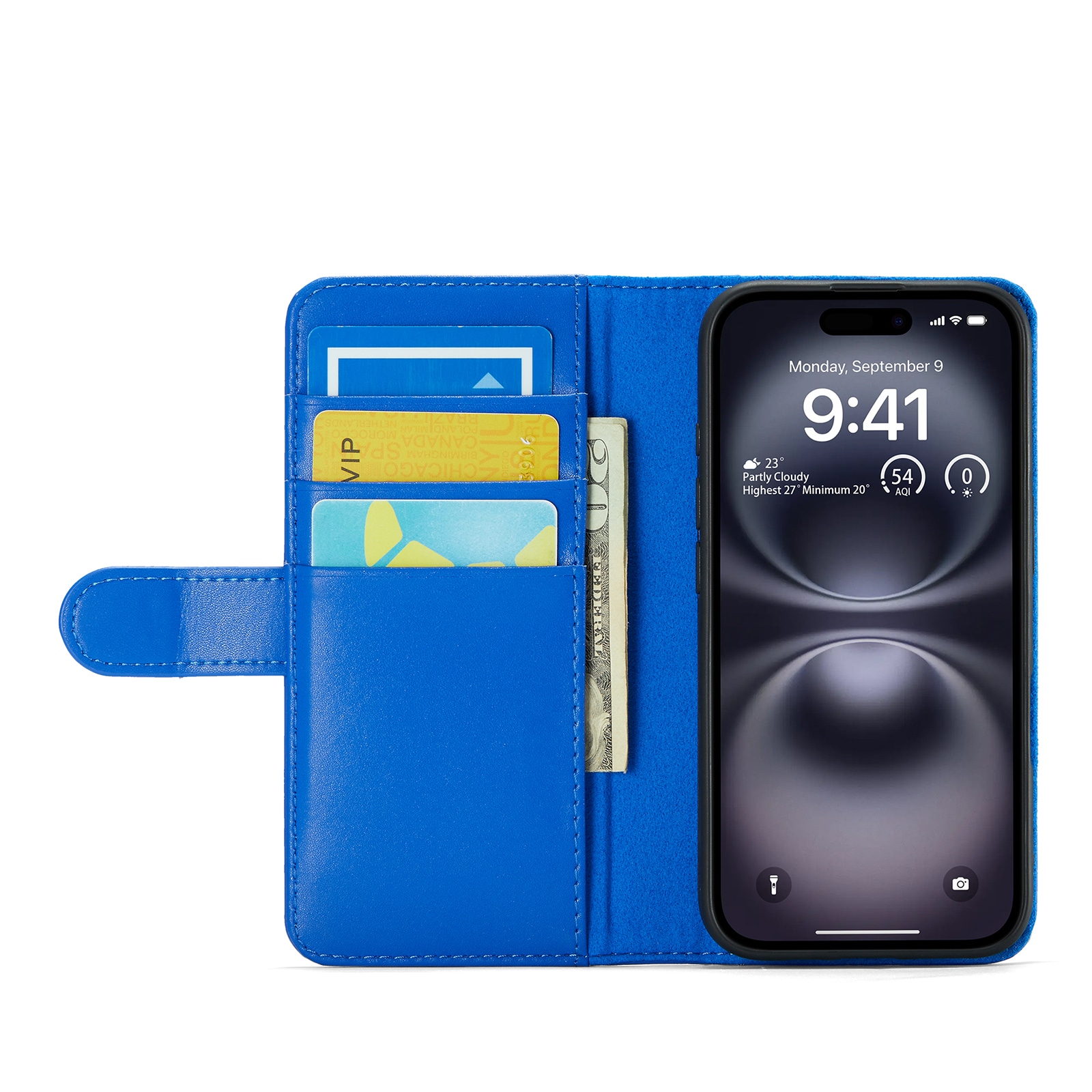 iPhone 16 Lommeboketui i ekte skinn, Blå