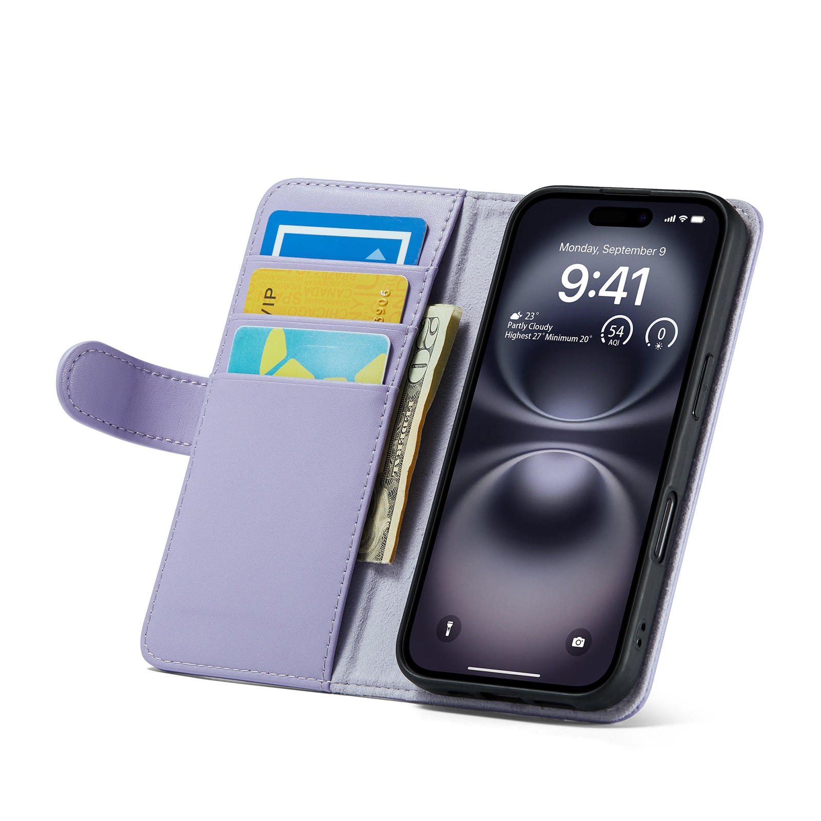 iPhone 17 Lommeboketui i ekte skinn, Lilla