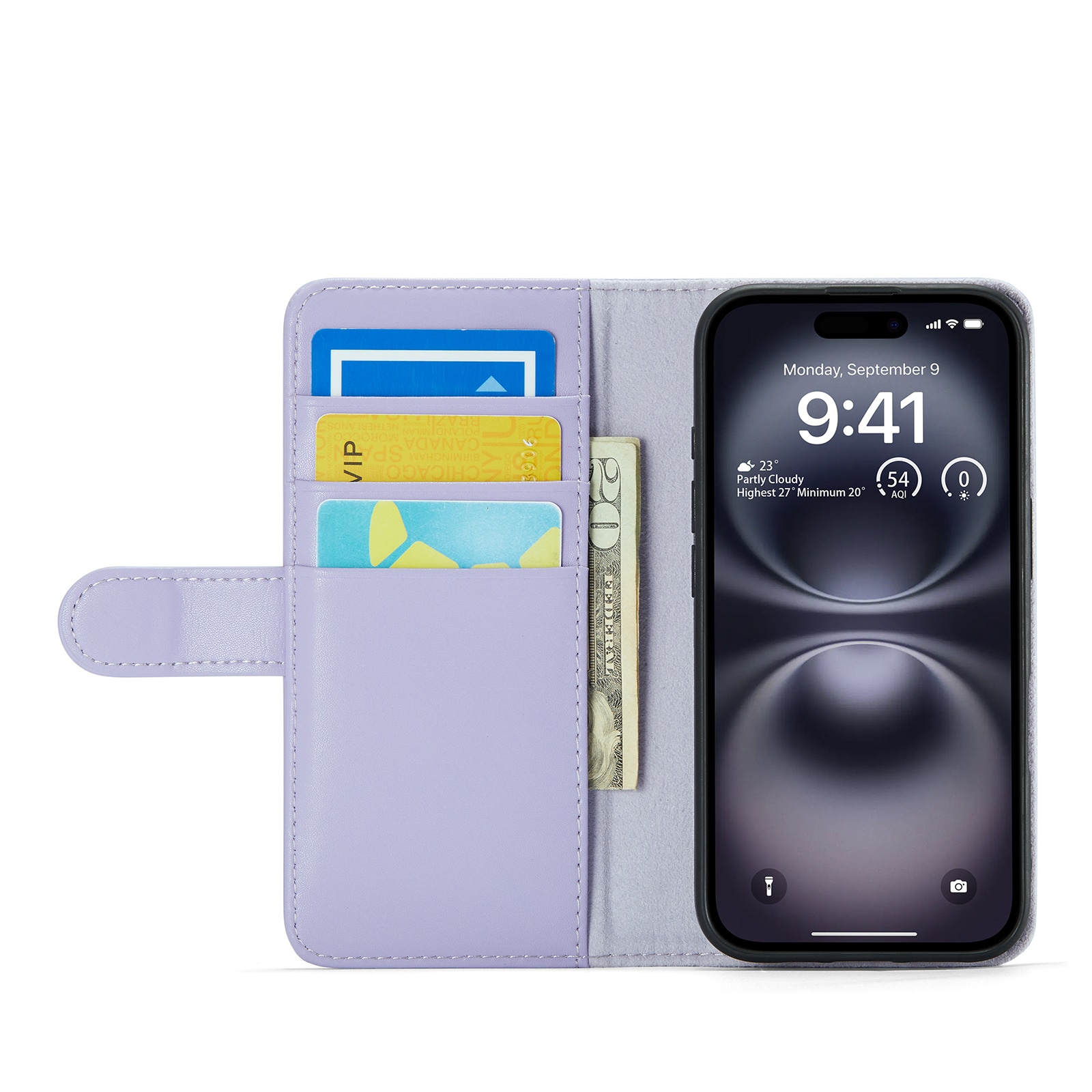 iPhone 17 Lommeboketui i ekte skinn, Lilla