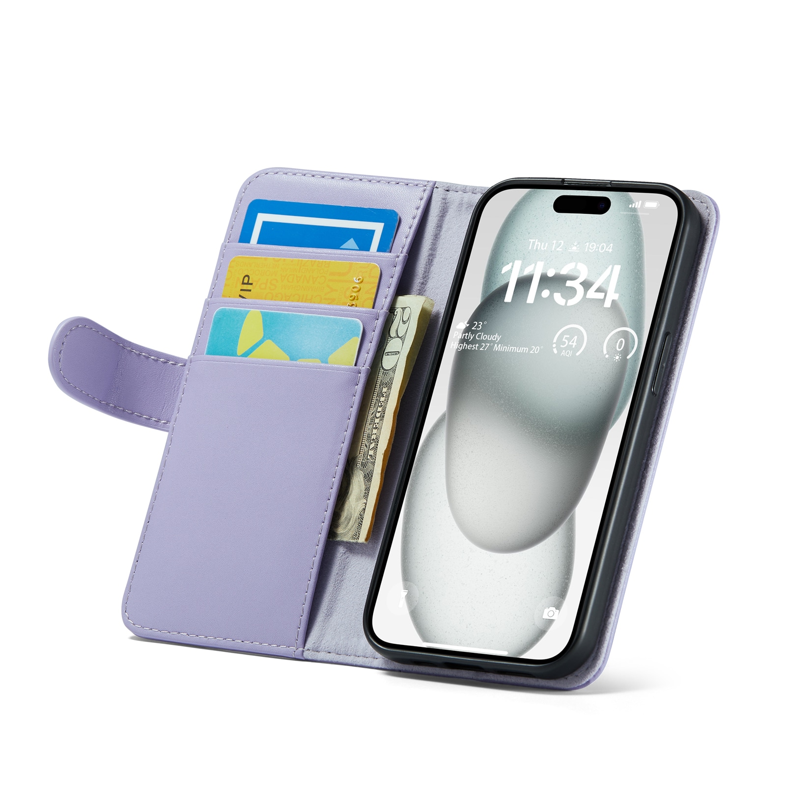 iPhone 15 Lommeboketui i ekte skinn, Lilla