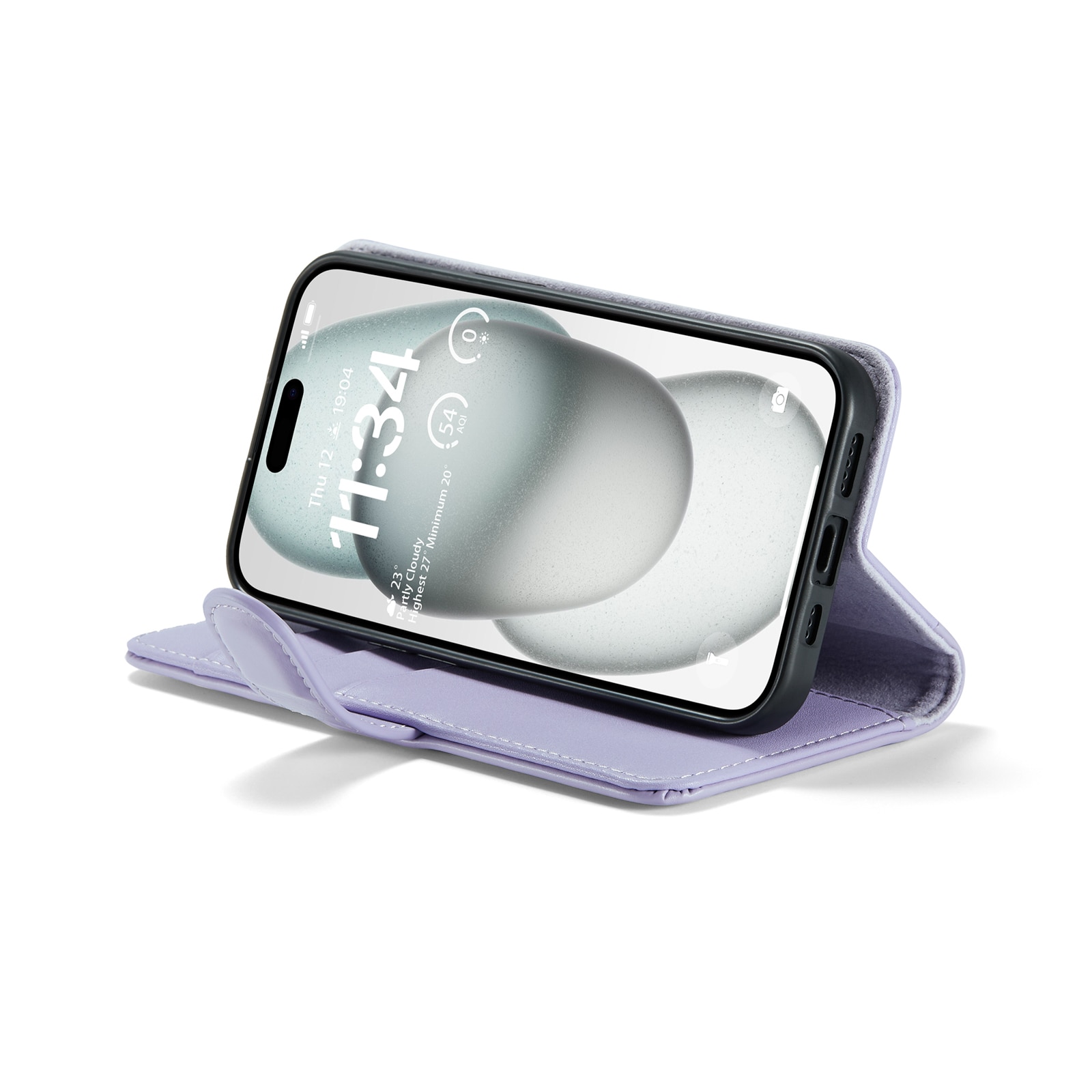 iPhone 15 Lommeboketui i ekte skinn, Lilla