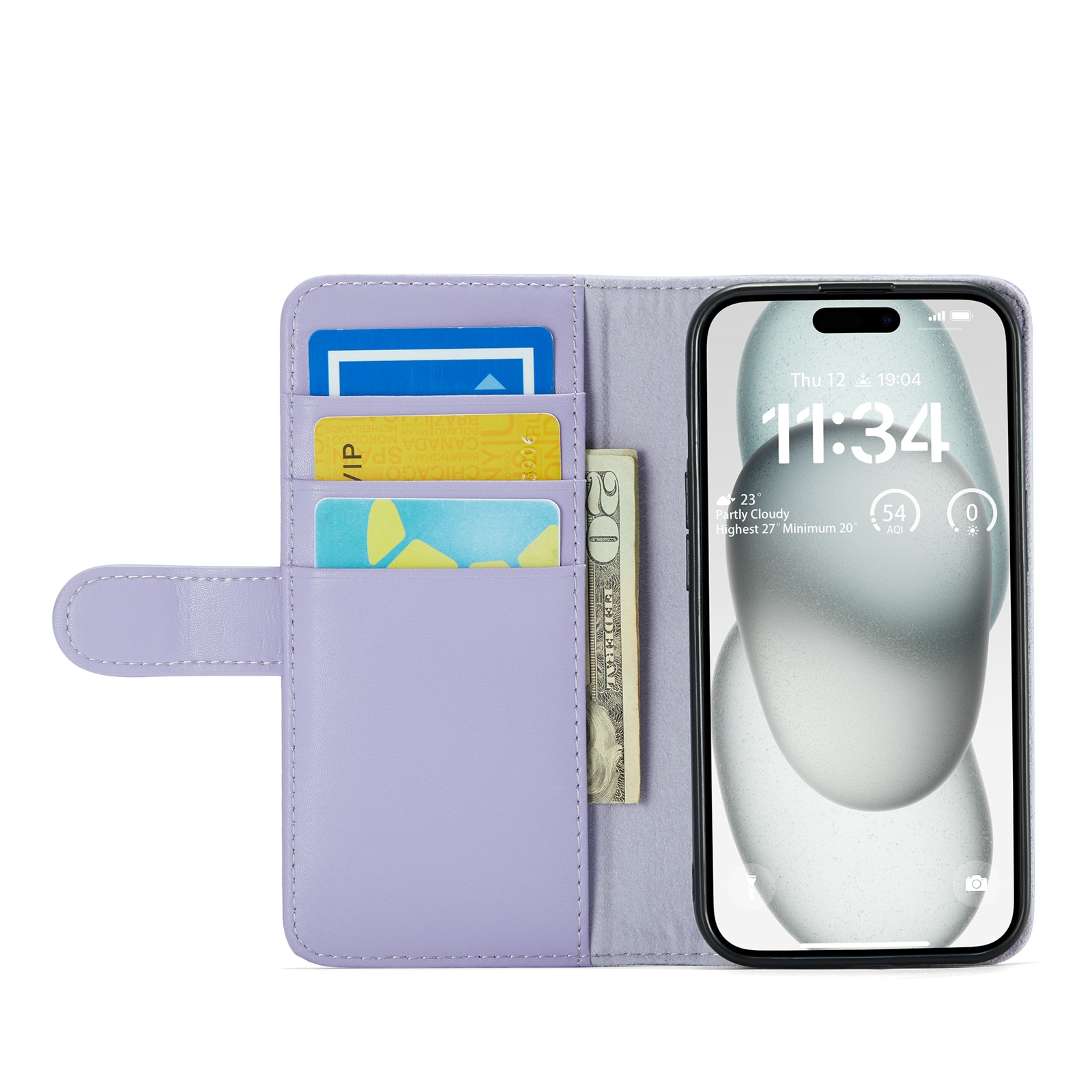 iPhone 15 Lommeboketui i ekte skinn, Lilla