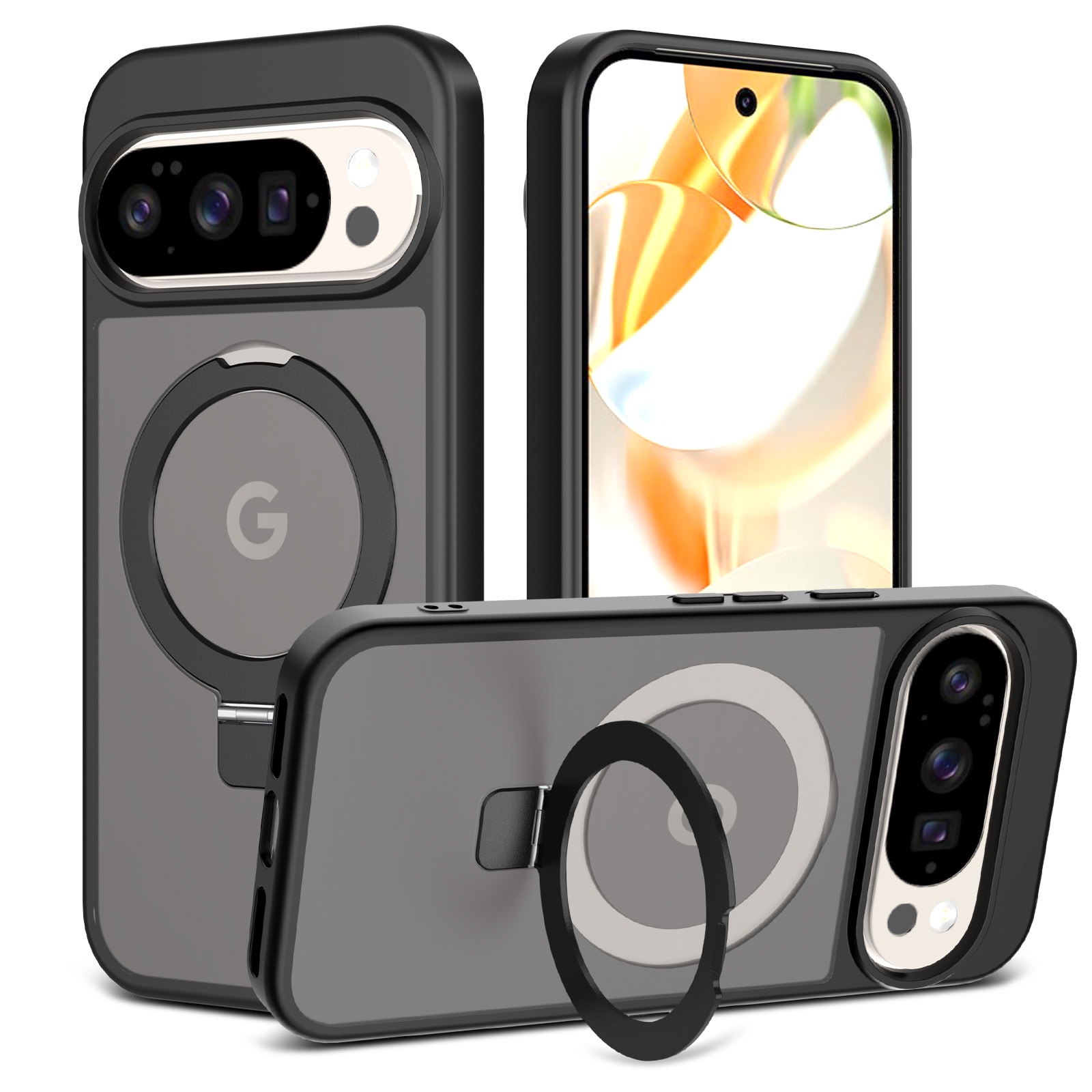 Google Pixel 9 Magnetic hybriddeksel med stativfunksjon, Svart