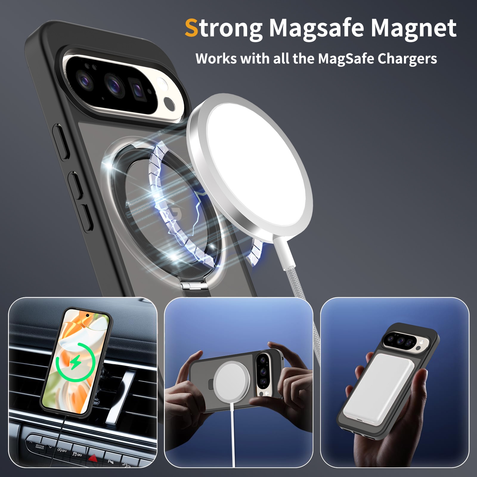 Google Pixel 9 Magnetic hybriddeksel med stativfunksjon, Svart