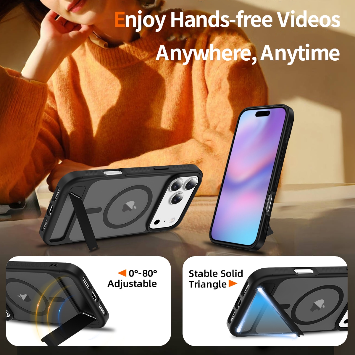 iPhone 17 Pro Magnetisk hybriddeksel med innebygd stativ, Svart