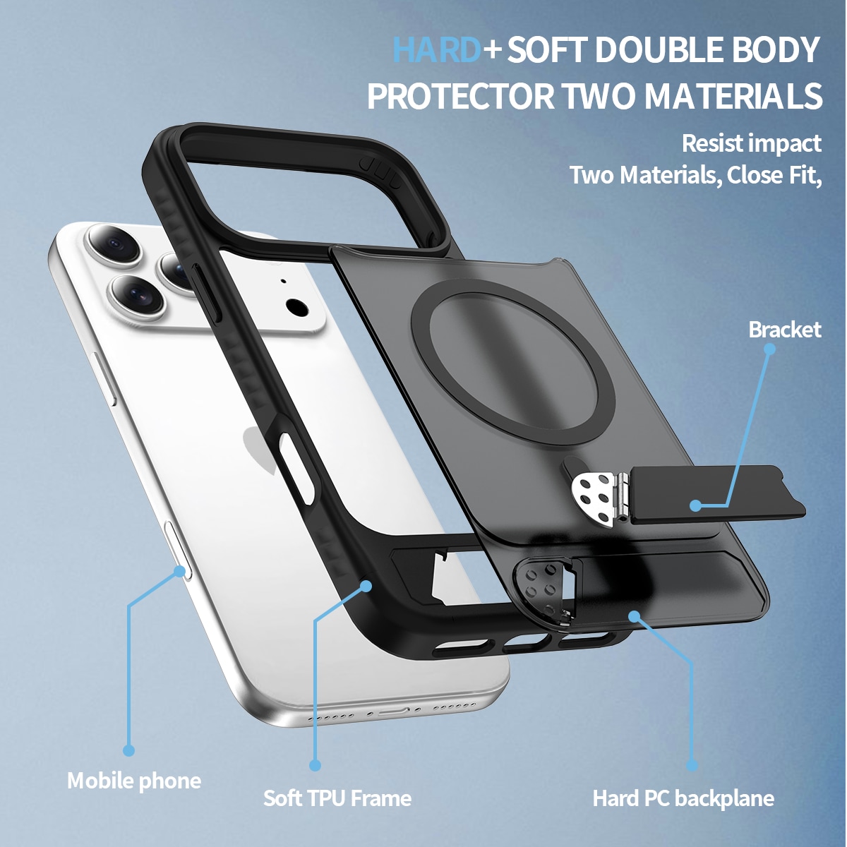 iPhone 17 Pro Magnetisk hybriddeksel med innebygd stativ, Svart