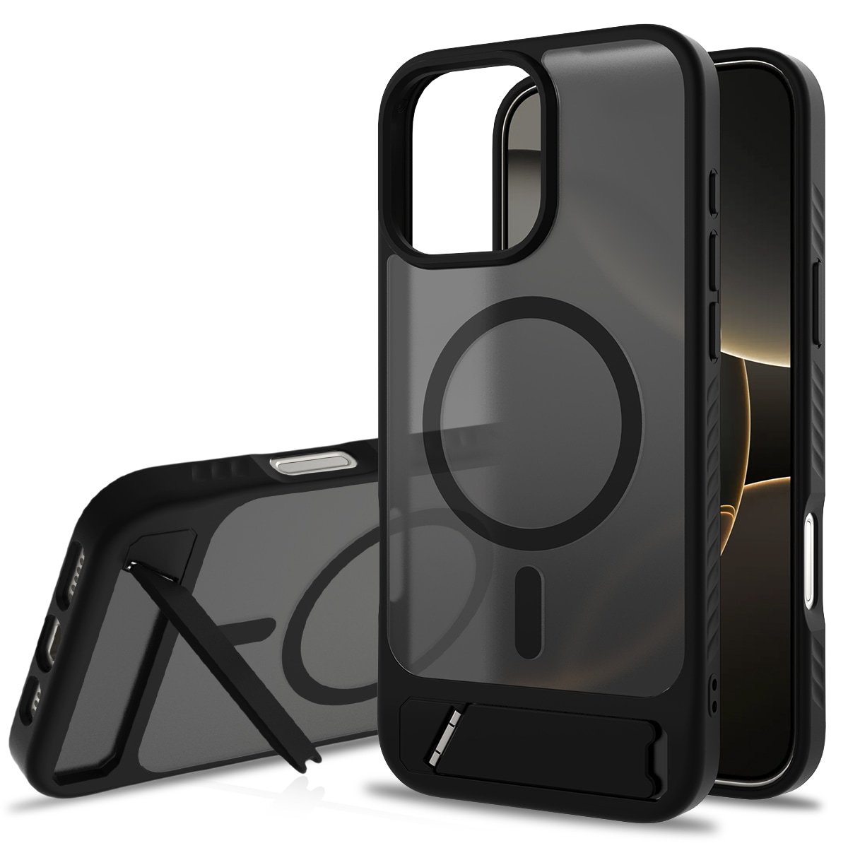 iPhone 17 Magnetisk hybriddeksel med innebygd stativ, Svart