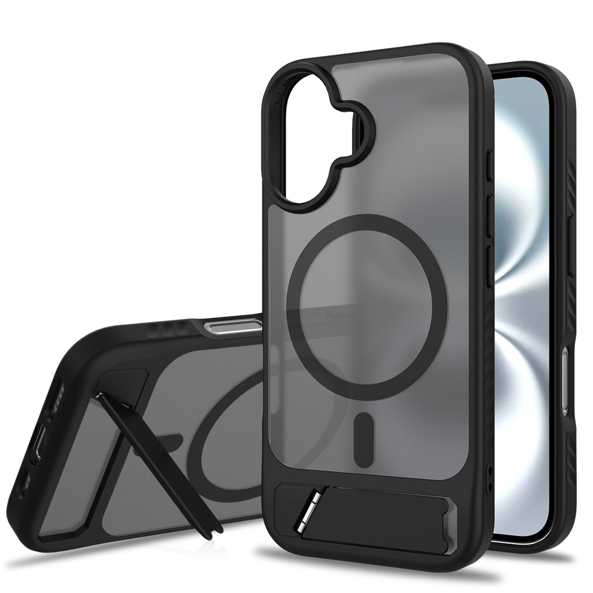 iPhone 16 Magnetisk hybriddeksel med innebygd stativ, Svart