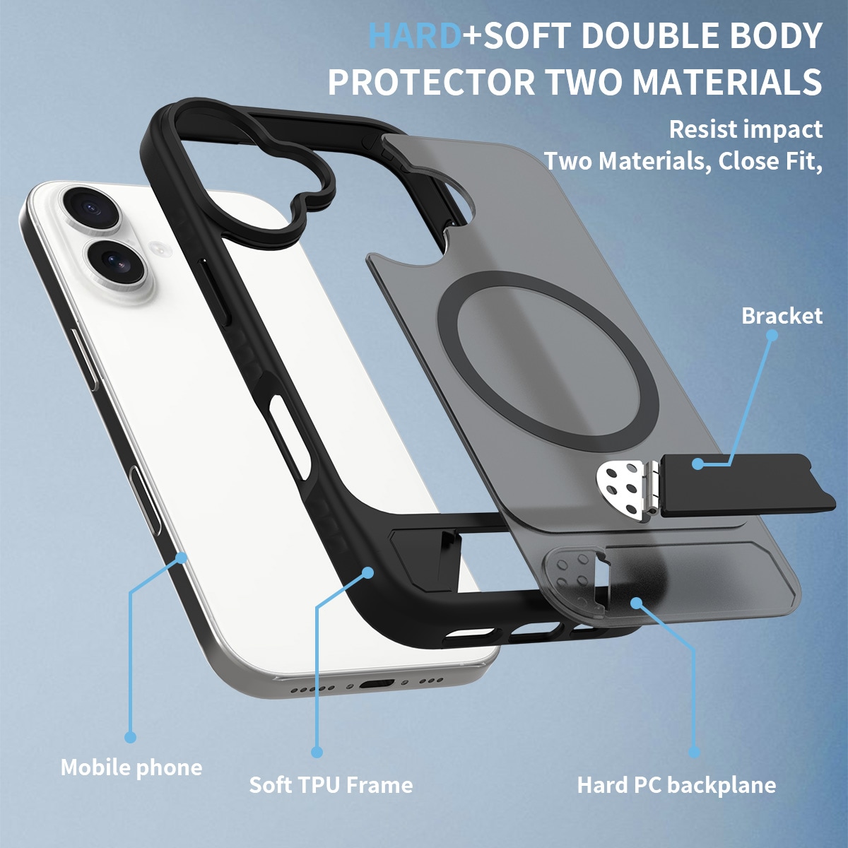 iPhone 16 Magnetisk hybriddeksel med innebygd stativ, Svart