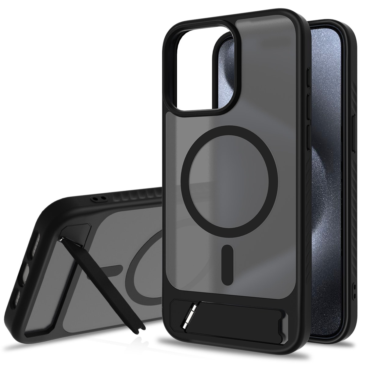 iPhone 15 Pro Max Magnetisk hybriddeksel med innebygd stativ, Svart