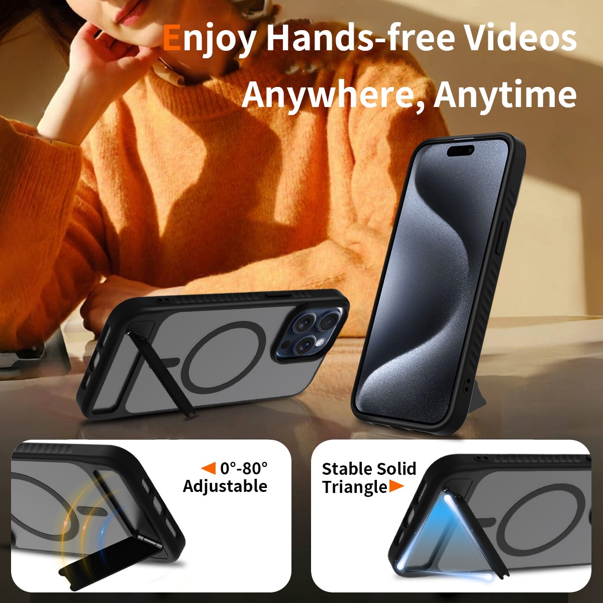 iPhone 15 Pro Max Magnetisk hybriddeksel med innebygd stativ, Svart