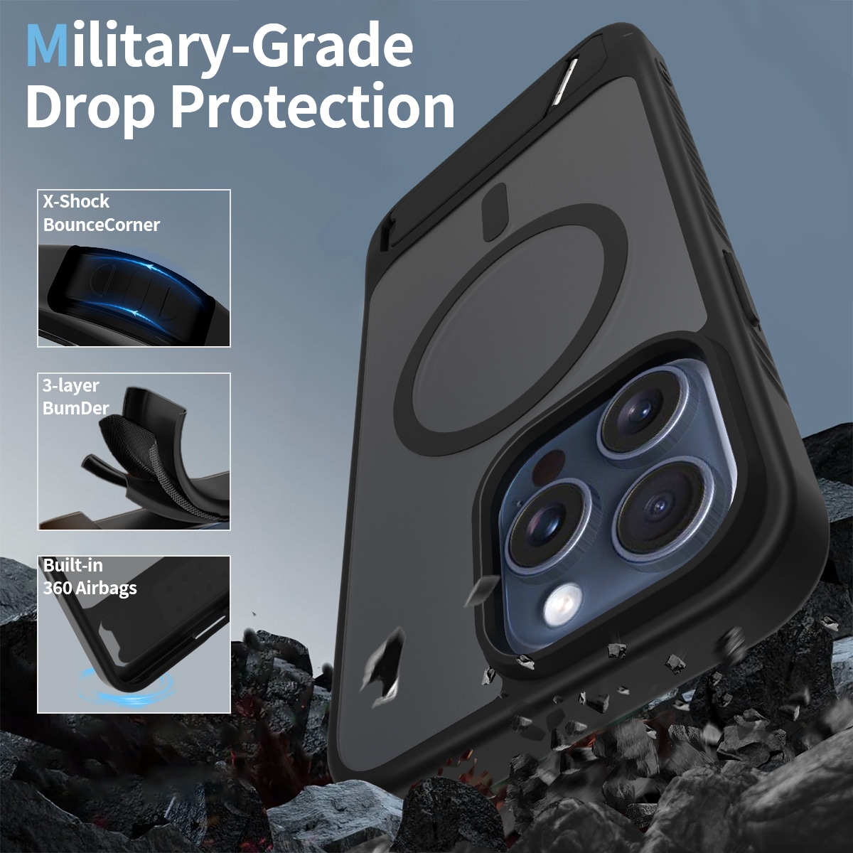 iPhone 15 Pro Max Magnetisk hybriddeksel med innebygd stativ, Svart