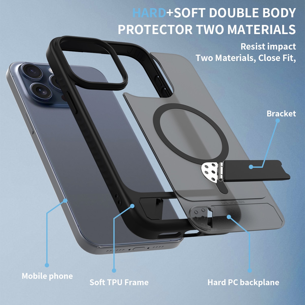 iPhone 15 Pro Max Magnetisk hybriddeksel med innebygd stativ, Svart