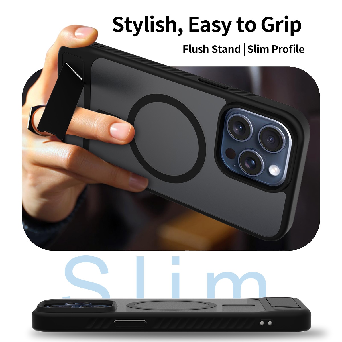iPhone 15 Pro Max Magnetisk hybriddeksel med innebygd stativ, Svart