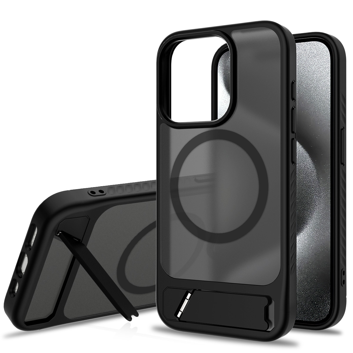 iPhone 15 Pro Magnetisk hybriddeksel med innebygd stativ, Svart
