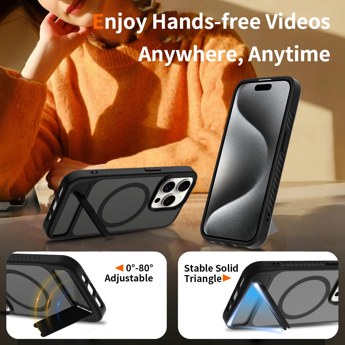 iPhone 15 Pro Magnetisk hybriddeksel med innebygd stativ, Svart