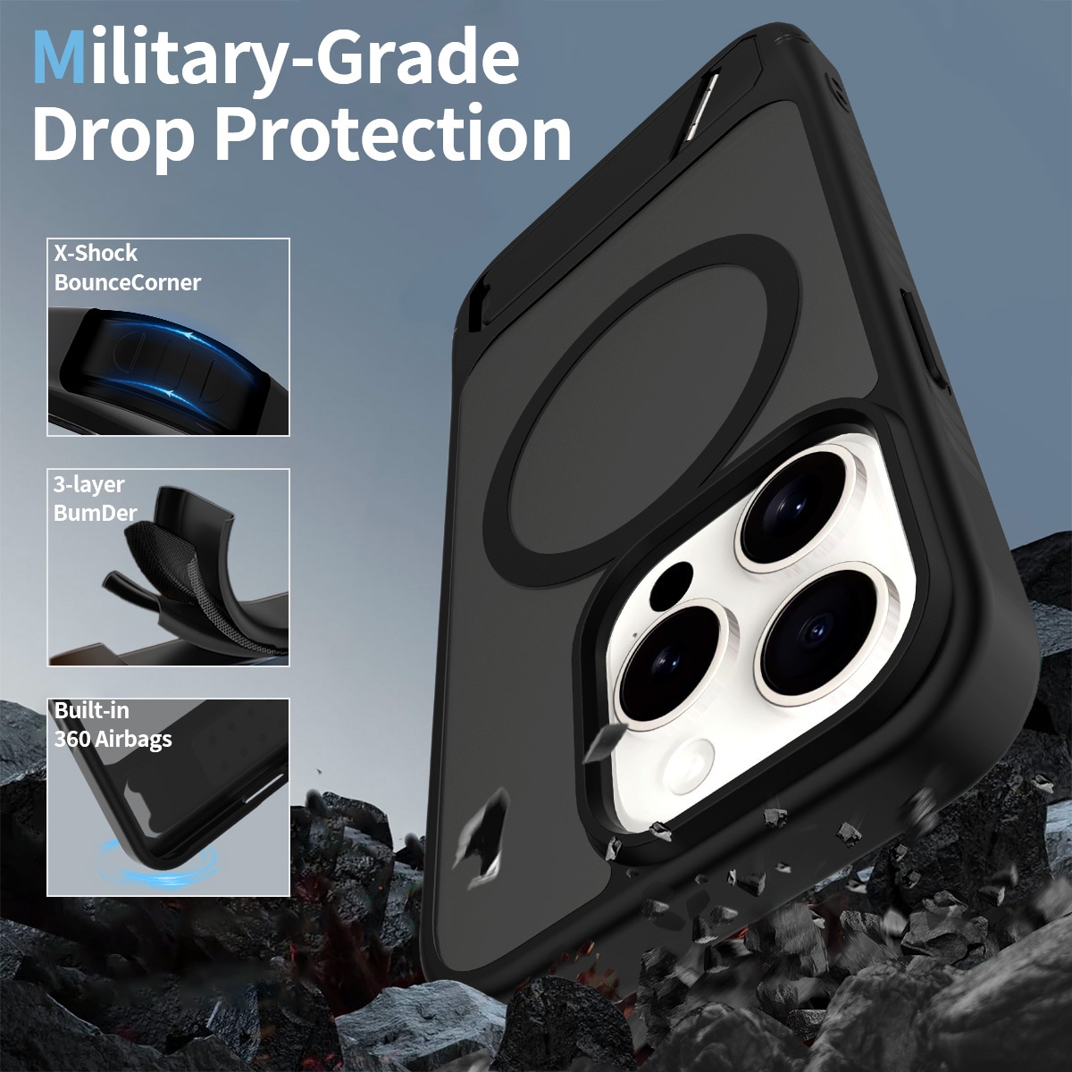 iPhone 15 Pro Magnetisk hybriddeksel med innebygd stativ, Svart