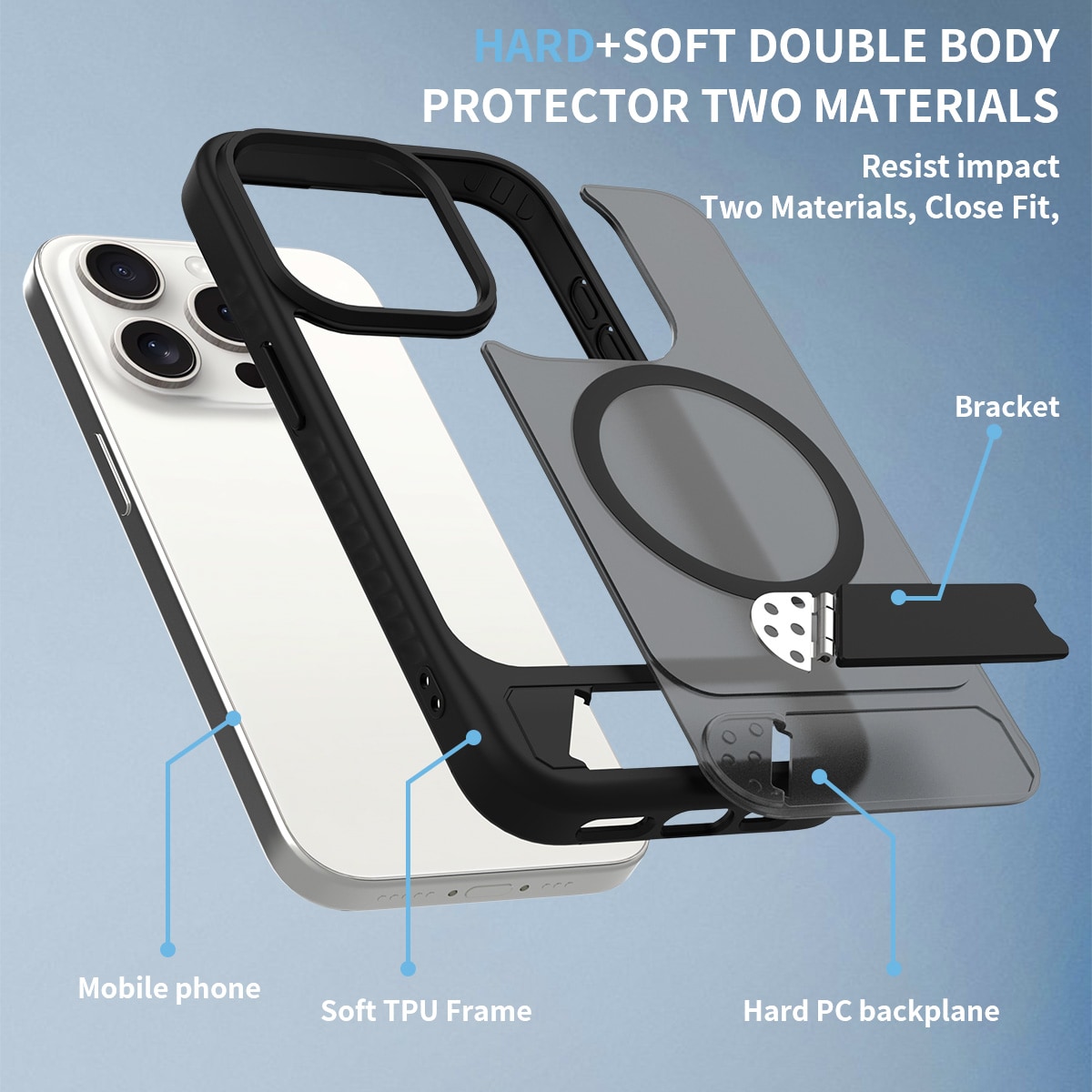 iPhone 15 Pro Magnetisk hybriddeksel med innebygd stativ, Svart