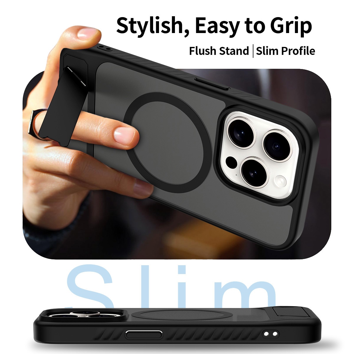 iPhone 15 Pro Magnetisk hybriddeksel med innebygd stativ, Svart