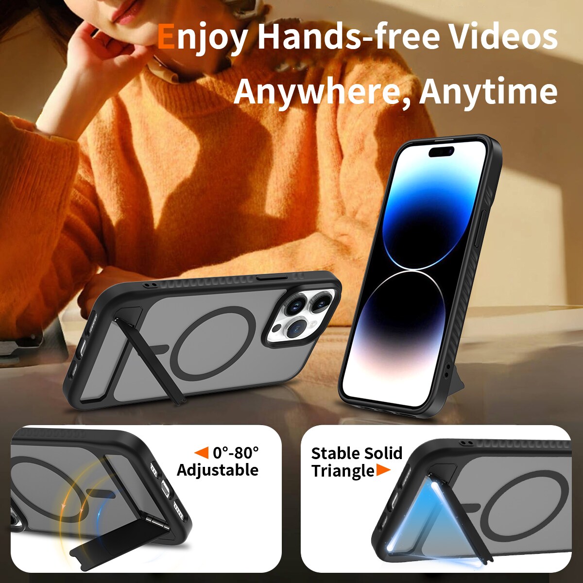 iPhone 14 Pro Max Magnetisk hybriddeksel med innebygd stativ, Svart