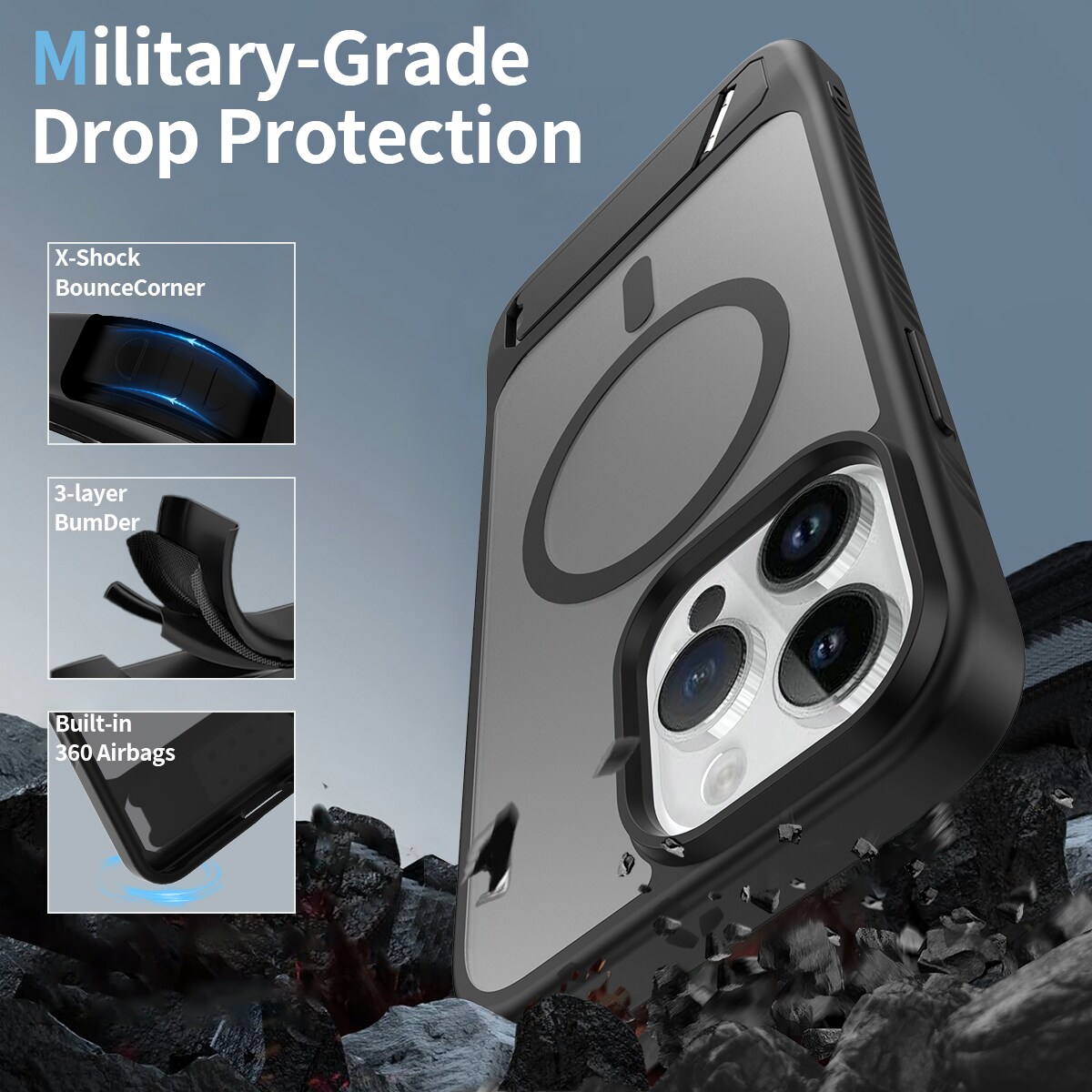 iPhone 14 Pro Max Magnetisk hybriddeksel med innebygd stativ, Svart