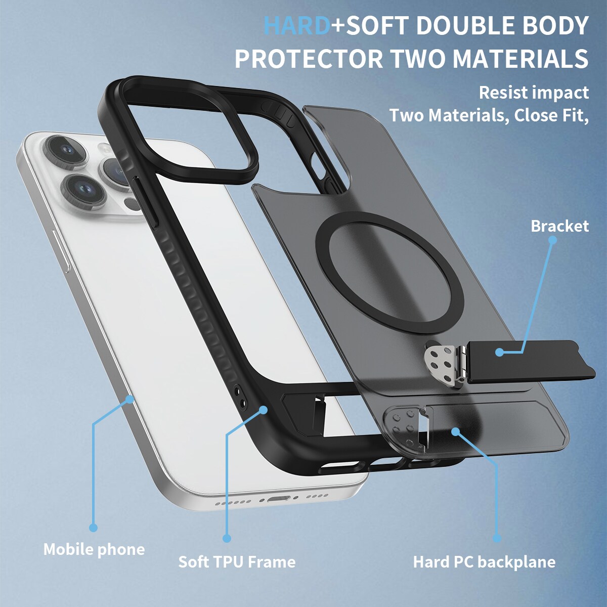 iPhone 14 Pro Max Magnetisk hybriddeksel med innebygd stativ, Svart