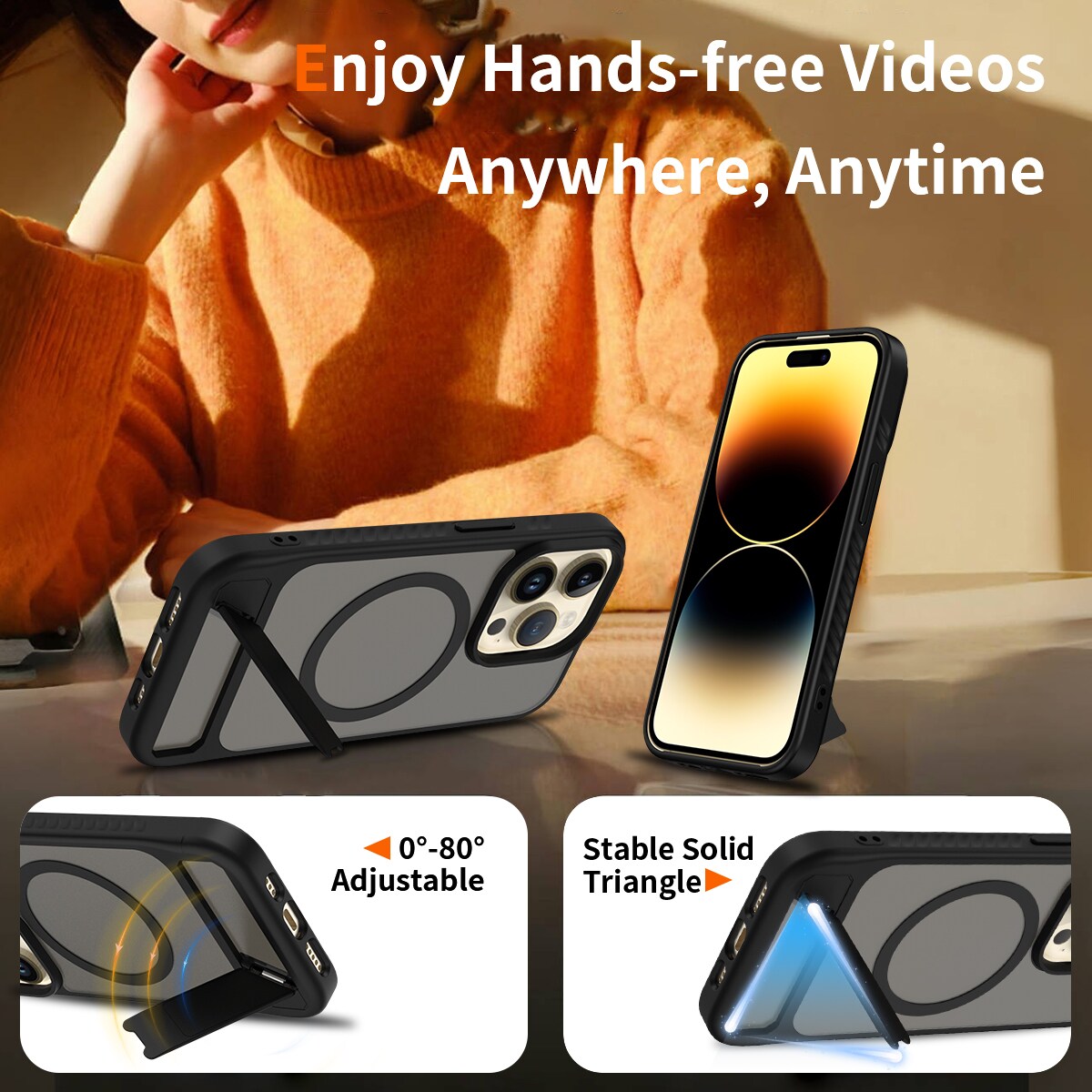iPhone 14 Pro Magnetisk hybriddeksel med innebygd stativ, Svart