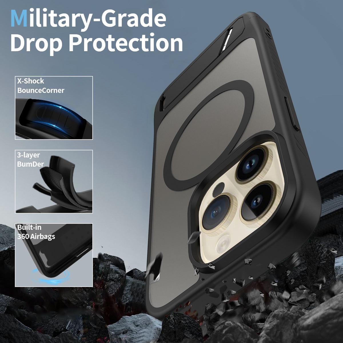 iPhone 14 Pro Magnetisk hybriddeksel med innebygd stativ, Svart