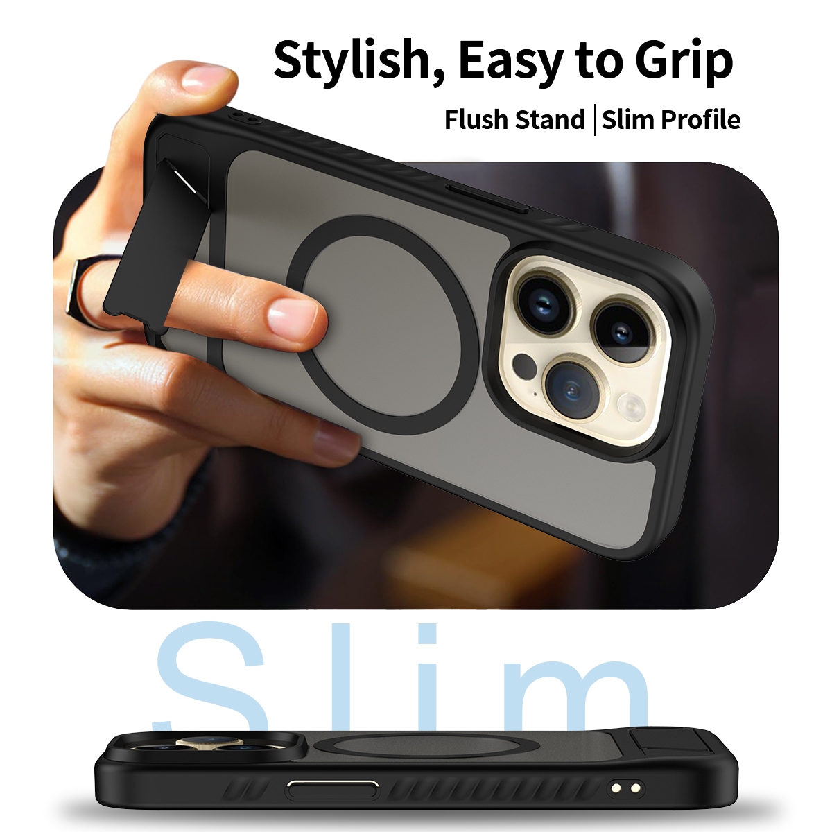 iPhone 14 Pro Magnetisk hybriddeksel med innebygd stativ, Svart