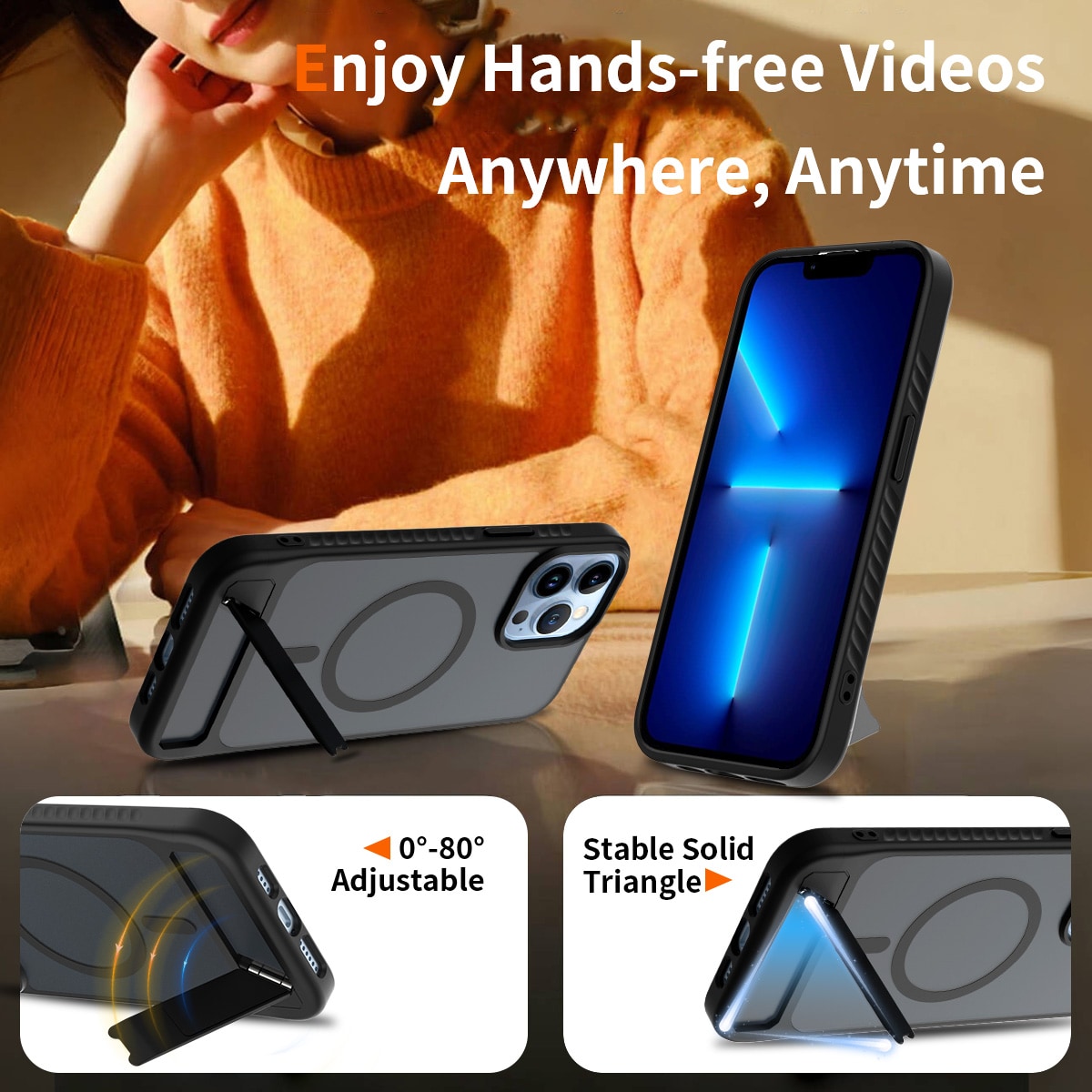 iPhone 13 Pro Max Magnetisk hybriddeksel med innebygd stativ, Svart